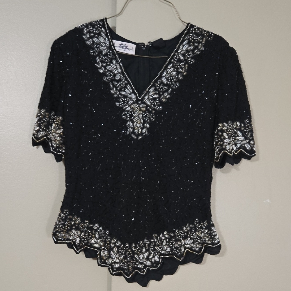 Laurence Kazar Black and Silver Embellished Women's Top Size Medium